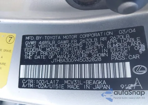 2004 Lexus Es 330 z USA, uszkodzony, nr VIN JTHBA30G945032828